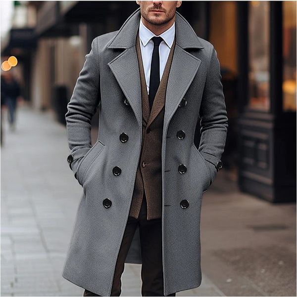 Fall Winter Men Woolen Coat Double Breasted Long - WOMONA.COM