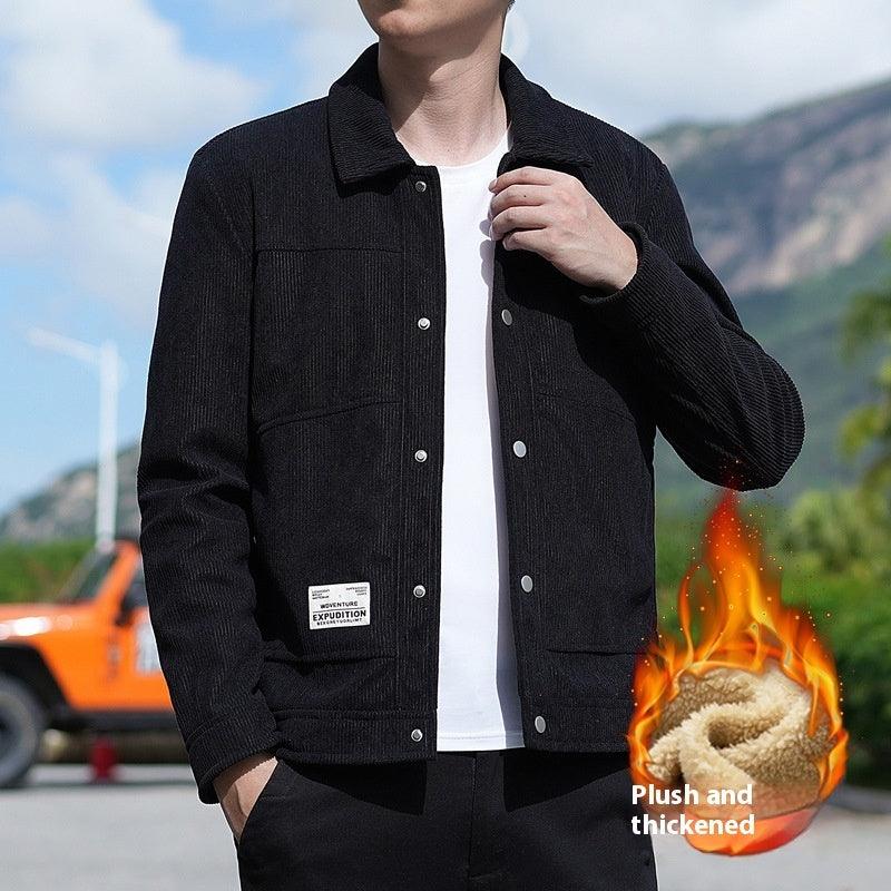 Black corduroy-style jacket with button front, chest pockets, and fleece lining
