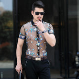 Men's Short-sleeved Floral Thin Hollow Non-iron Ice Silk Shirt - WOMONA.COM