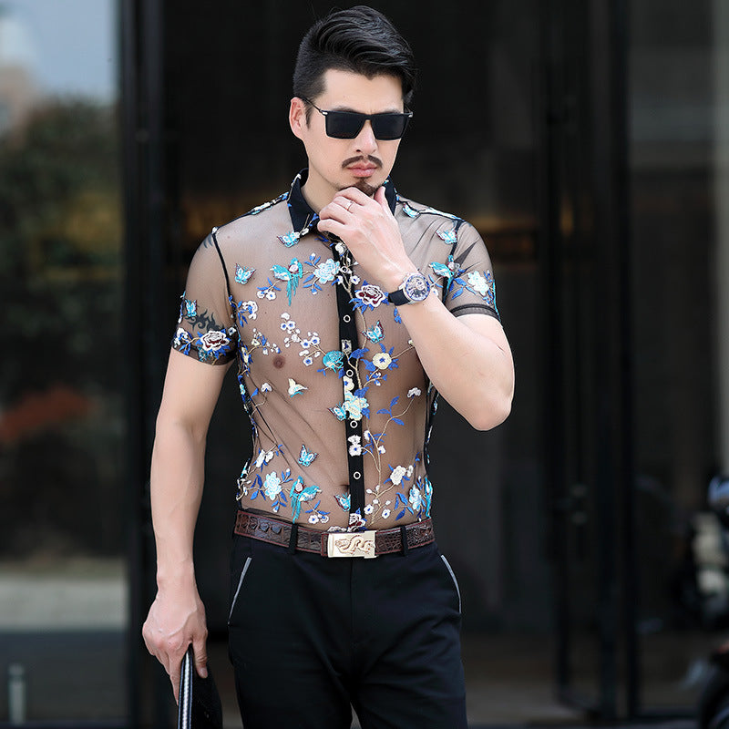 Men's Short-sleeved Floral Thin Hollow Non-iron Ice Silk Shirt - WOMONA.COM