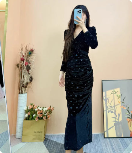 Women's Ruched Velvet Dress with Sheer Sleeves, Black - product view 11