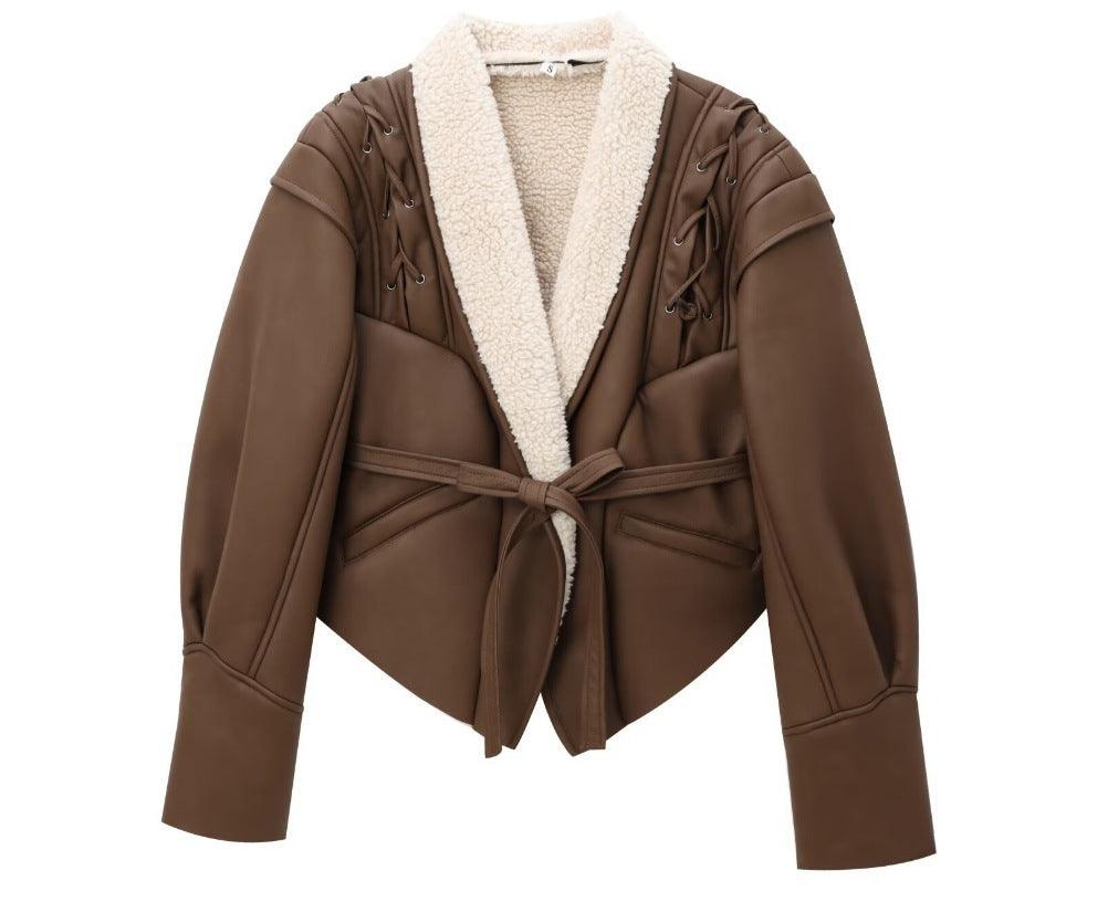 Women's retro lace-up jacket coat in dark brown with sherpa collar and waist tie