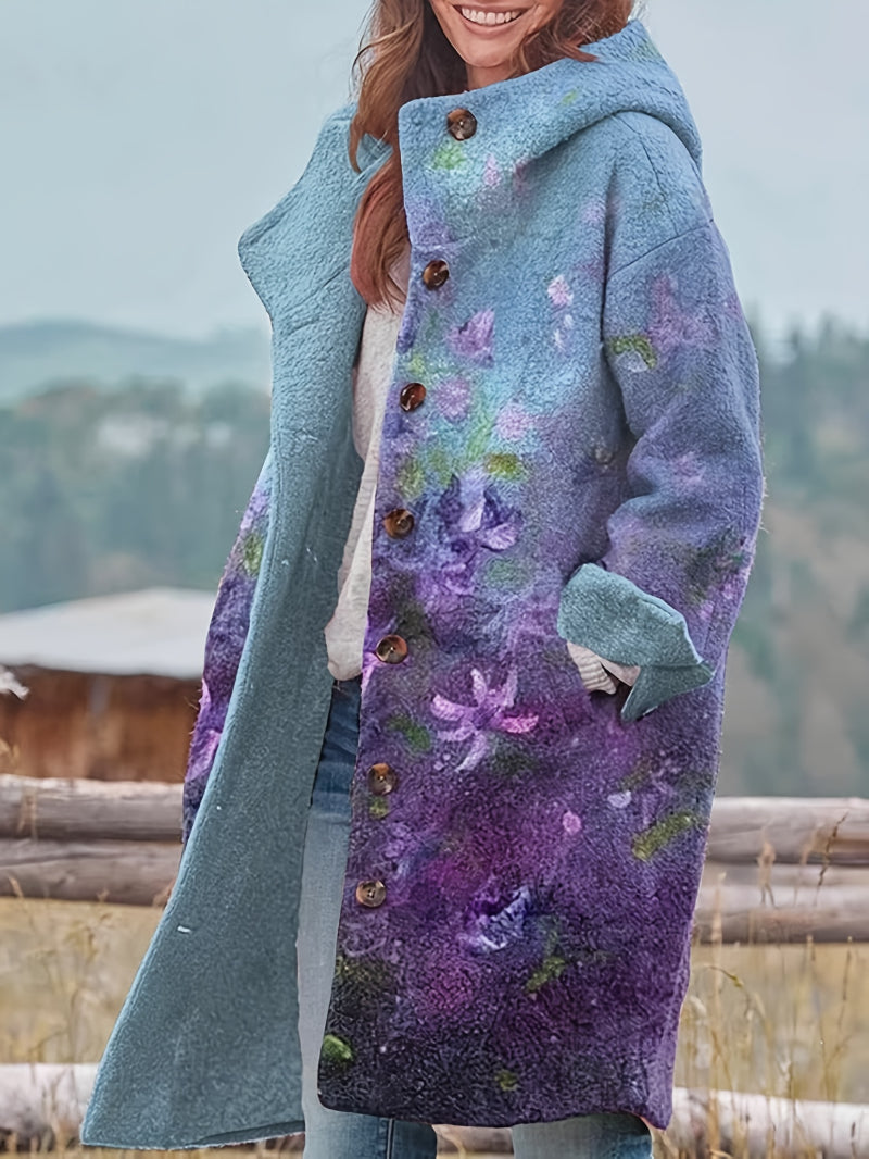 Women's mid-length coat, periwinkle blue hood, purple floral print, button front.