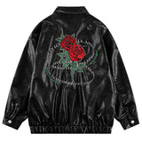 Rose Embroidered PU Leather Statement Jacket - WOMONA.COM