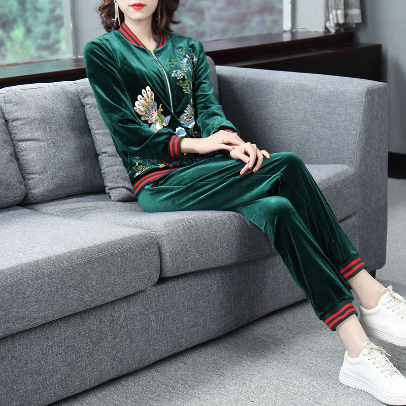 Ladies Aviary Embroidered Leisure Velvet Suit - WOMONA.COM