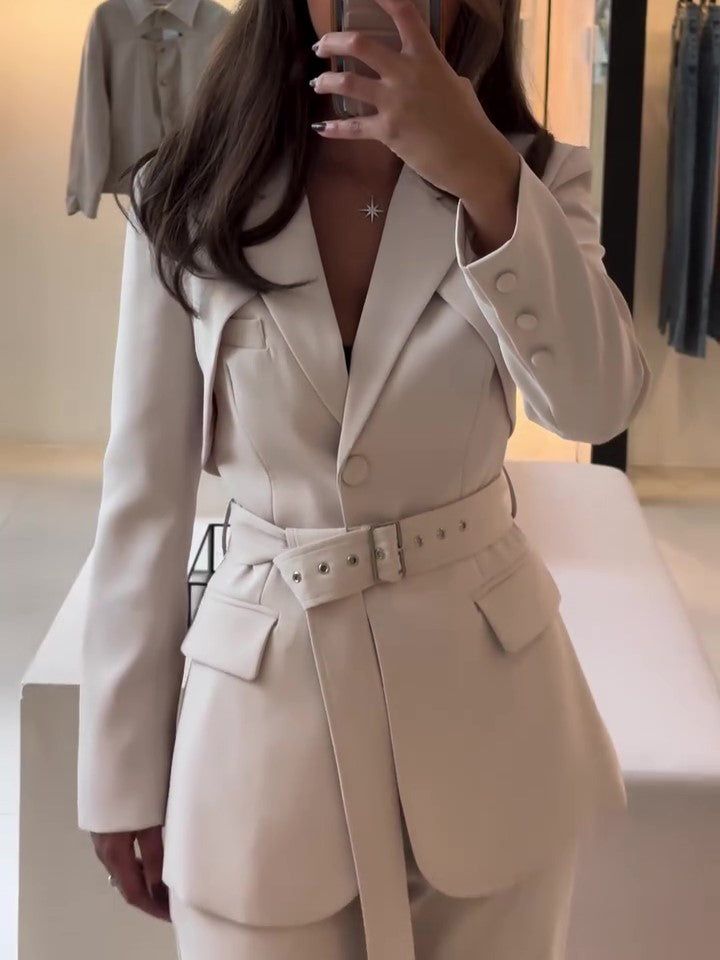 Beige Belted Blazer & High-Waist Pants Set – product image 1