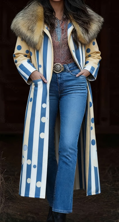 Long striped women’s coat with tan faux-fur hood trim and button front
