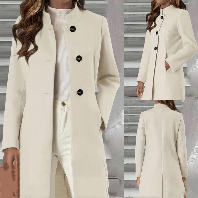 Beige long wool coat, double-breasted with black buttons and side slits, front view