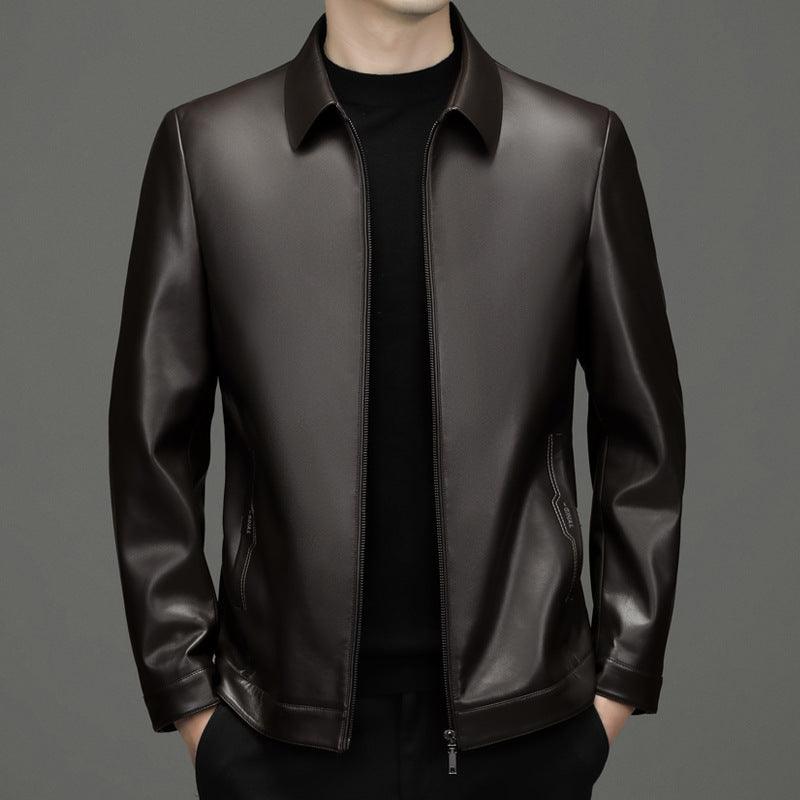 Brown PU leather jacket with stand collar, zip-front, and side zipper pockets