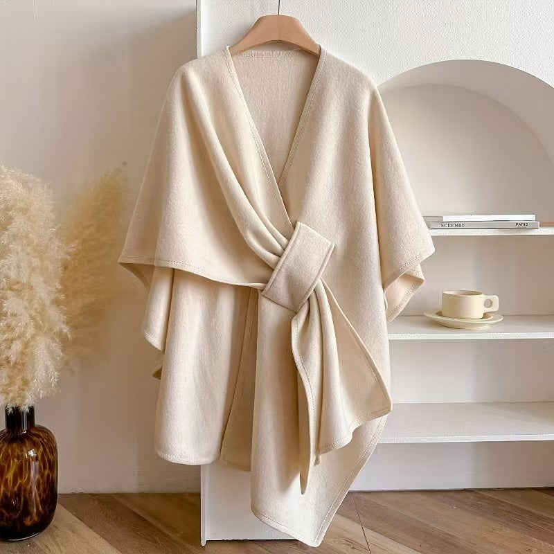 Women's Faux-Fur Collar Pom-Pom Knit Shawl – product view 1 | WOMONA