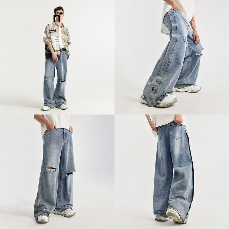 Men's Wear Ripped Washed Wide-leg Jeans - WOMONA.COM