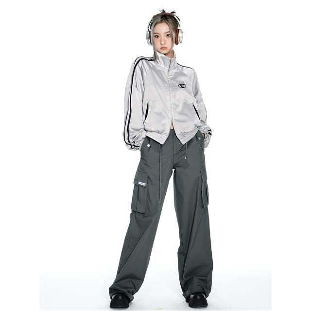 Women's Gray Stand-Collar Double-Zip Cropped Jacket, Gray - product view 4