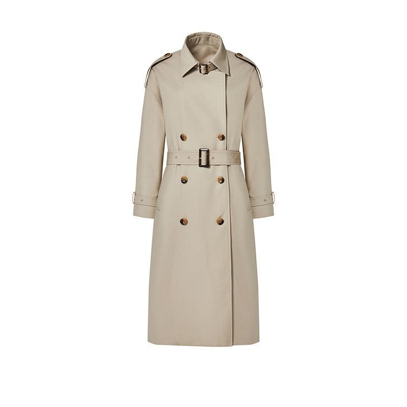 Light khaki women's trench coat with stand collar, double-breasted buttons, and belt