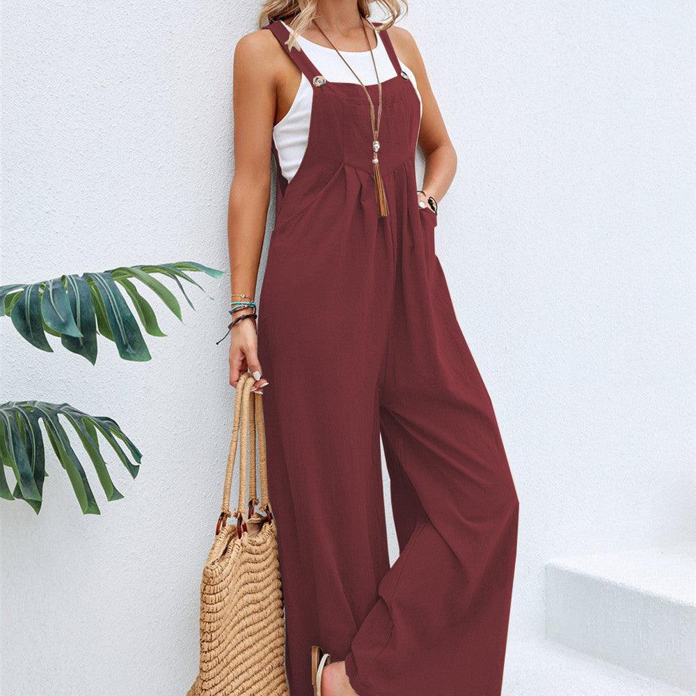 Loose sleeveless jumpsuit romper with pockets, dark red wide-leg