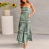 Summer Striped Printed Suspender Long Dress - WOMONA.COM