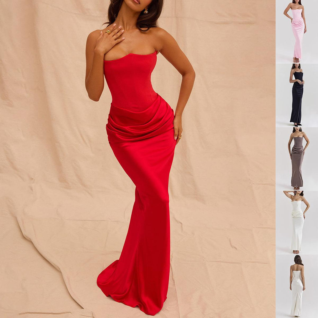 Slim tube top long dress in red, fitted silhouette with draped waist detail