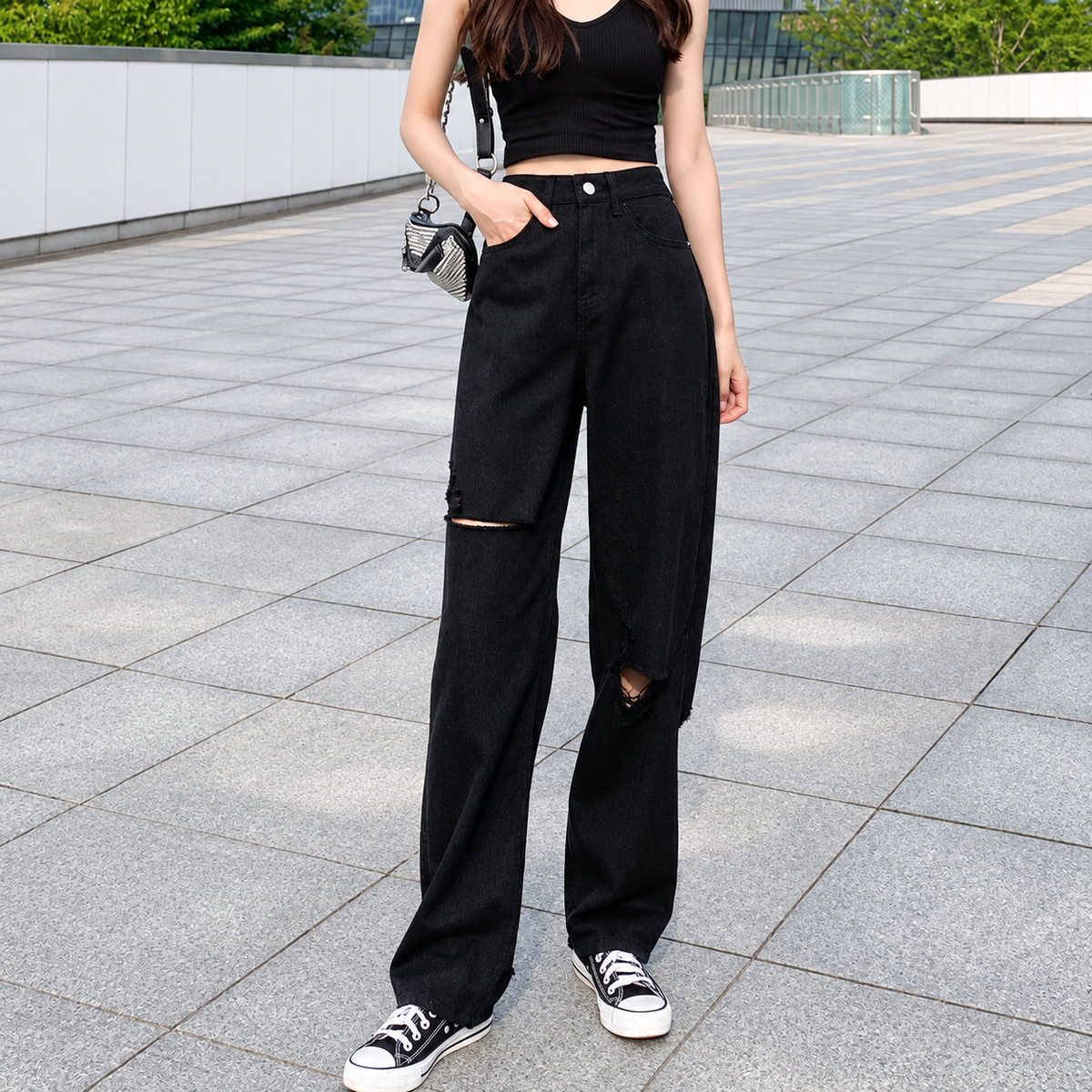 Black Wide-Leg Ripped Summer Jeans - WOMONA