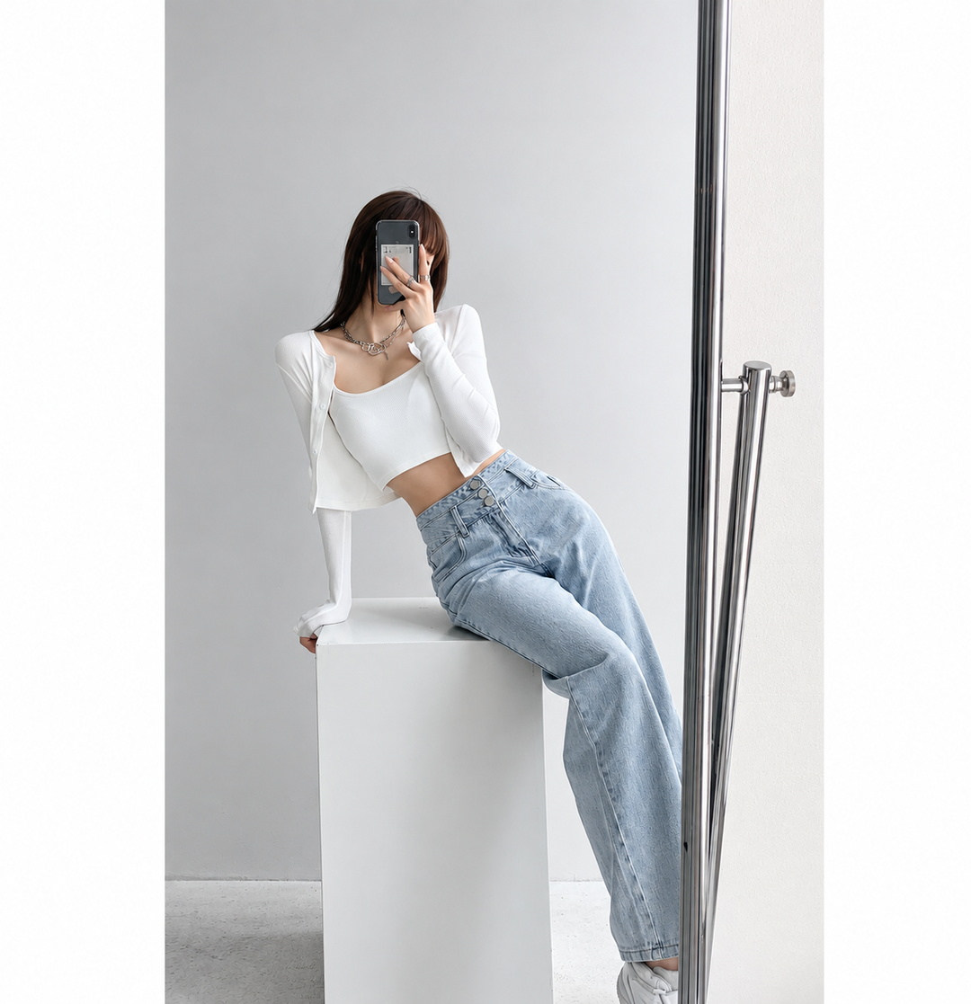 Buttoned Drape Loose Straight Fit Jeans - WOMONA