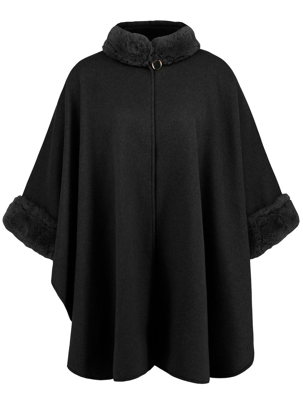 Black mid-length coat cape with faux fur collar and button front