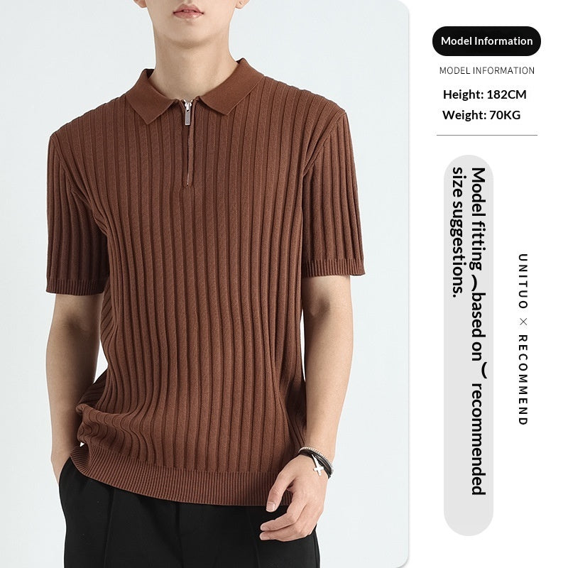 Ice silk T-shirt, brown ribbed knit polo with short sleeves and zip collar