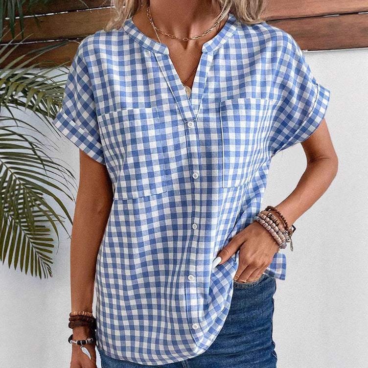 Women's blue plaid V-neck short-sleeve overshirt