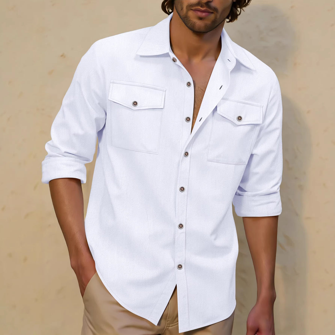 Men's white button-up shirt with lapel collar, chest flap pockets, and 3/4 sleeves.