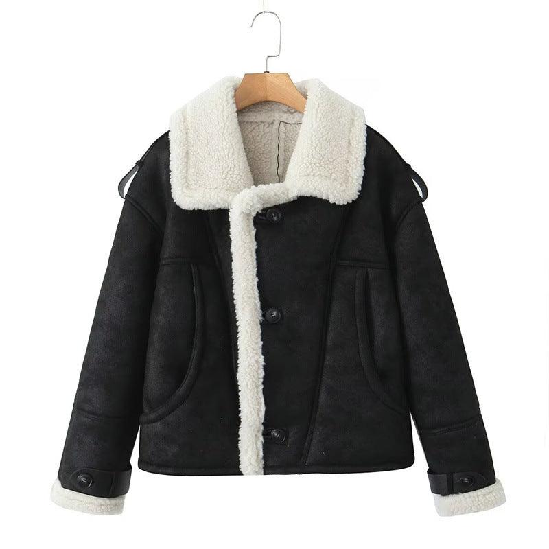 Black sherpa-lined jacket on hanger with cream fleece collar and button front