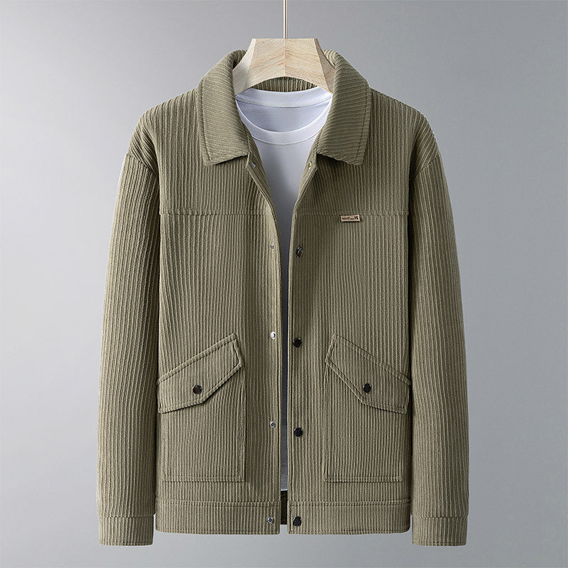 Men's ribbed knit coat with button front and two flap pockets, bean green