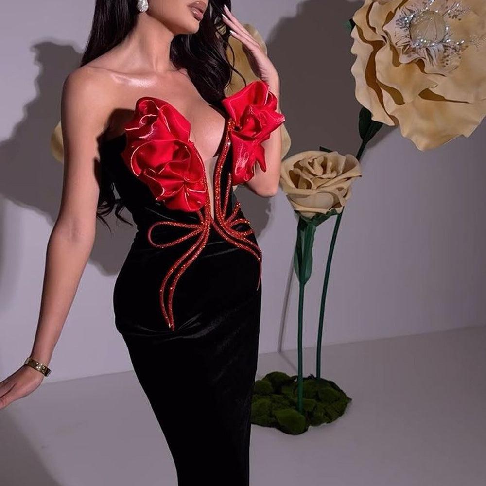 Flower Chain Strapless Long Type Evening Dress - WOMONA.COM