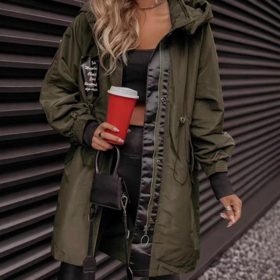 Women's mid-length anorak coat in army green, zip-front with button placket and hood