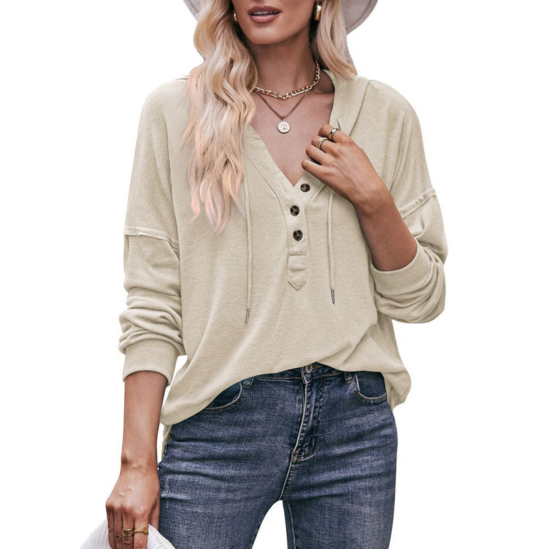 V-neck Drawstring Pullover Sweatshirt Women Tops - WOMONA.COM