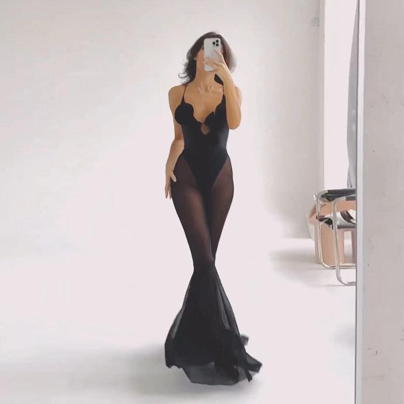 Mesh Stitching See-through Design Horn Jumpsuit For Women - WOMONA.COM