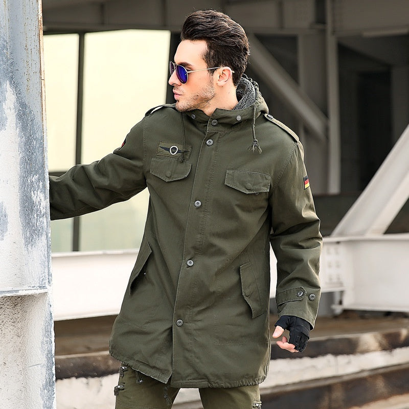 Men's Military Fan Trench Hooded Stand Collar Cotton Coat