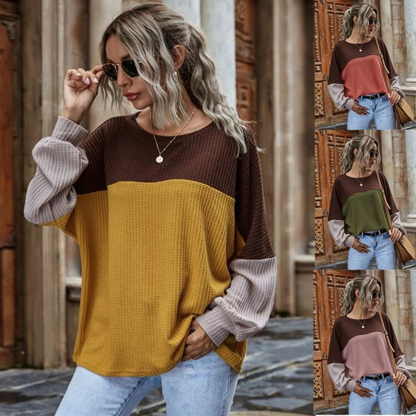 Waffle Round Neck Long-sleeved Blouse Women - WOMONA.COM