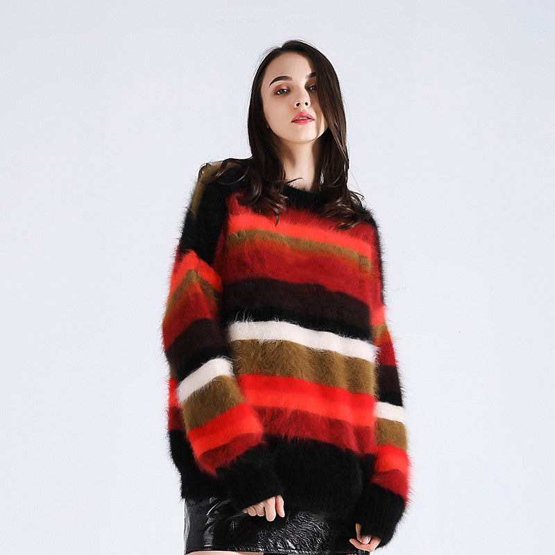 Round Neck Loose Color Matching Sweater With Scarf - WOMONA.COM