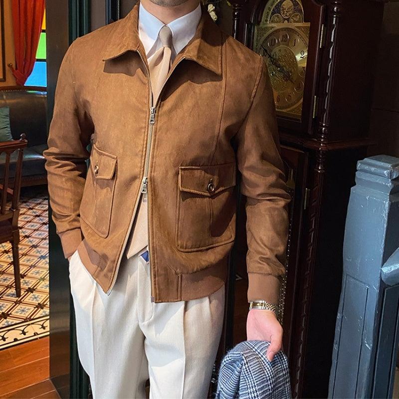 Men's dark brown suede bomber jacket, stand collar, full zip front, flap pockets