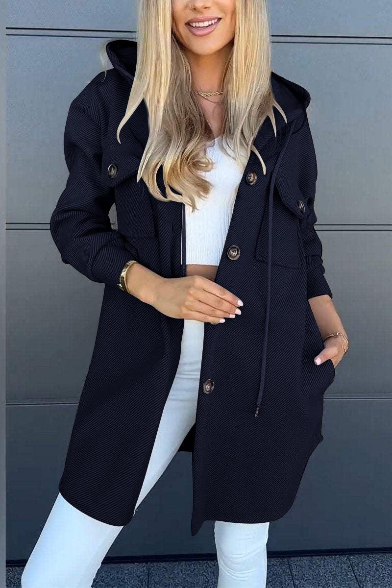 Black hooded long-sleeve twill jacket with front buttons and drawstring hem