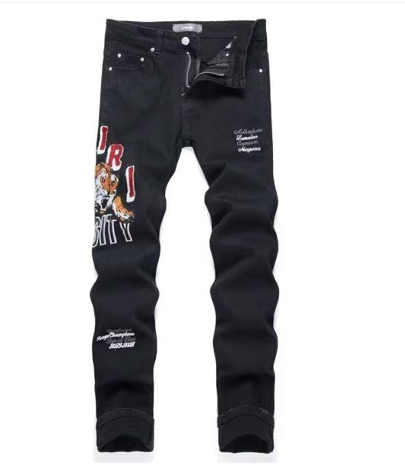 Men's slim ripped jeans, black/dark wash with IR graphic and stitched patch text
