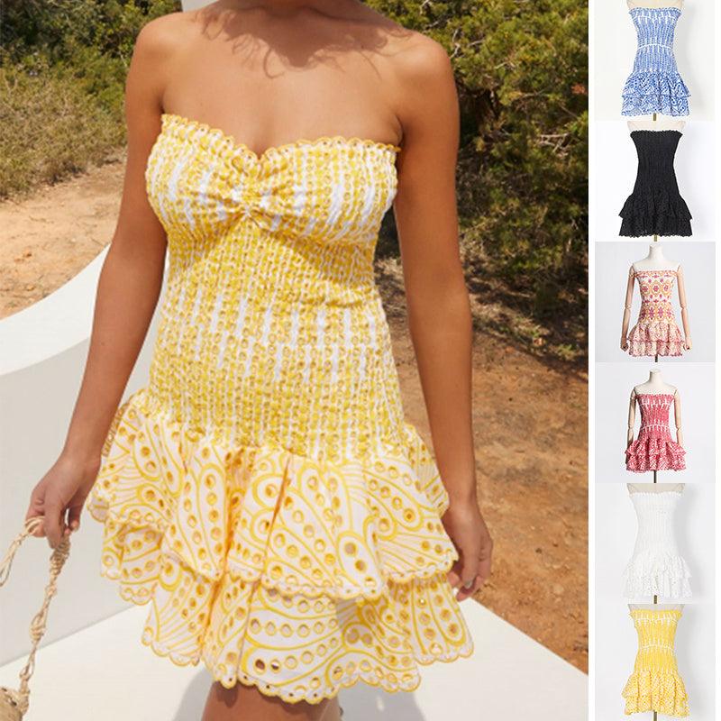 Yellow tube top pleated mini dress with bandeau neckline and scalloped hem