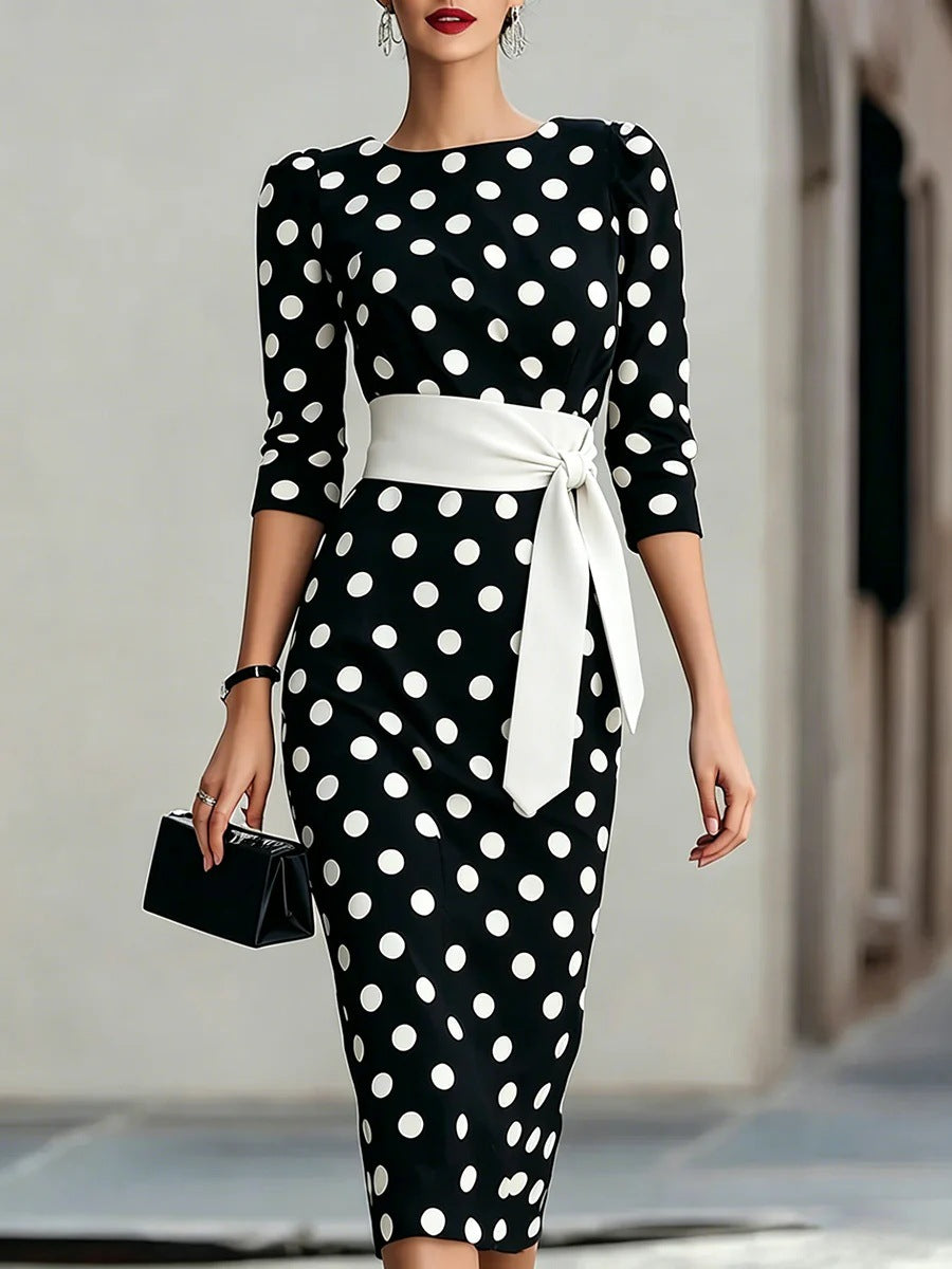 Women's polka-dot tie-waist bodycon midi dress
