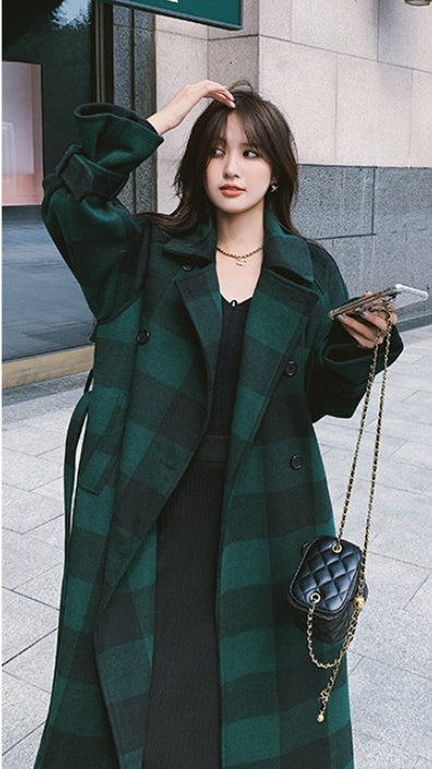 French Green Plaid Woolen Coat