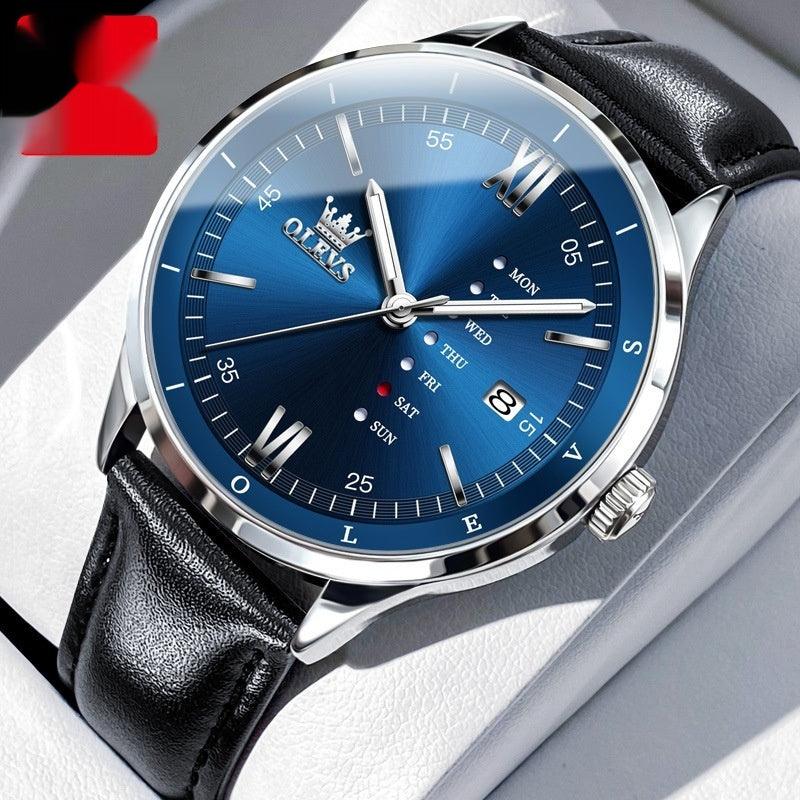 Men's waterproof watch, black leather strap, blue dial with Roman numerals and date window
