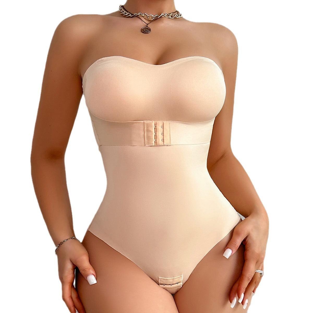 Apricot strapless waist-shaping bodysuit with front panel and thong cut