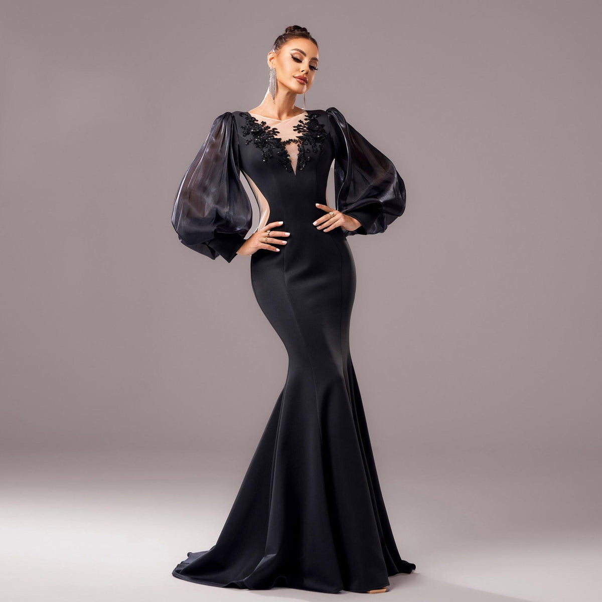 Black sheath fishtail dress with applique neckline and sheer puff sleeves
