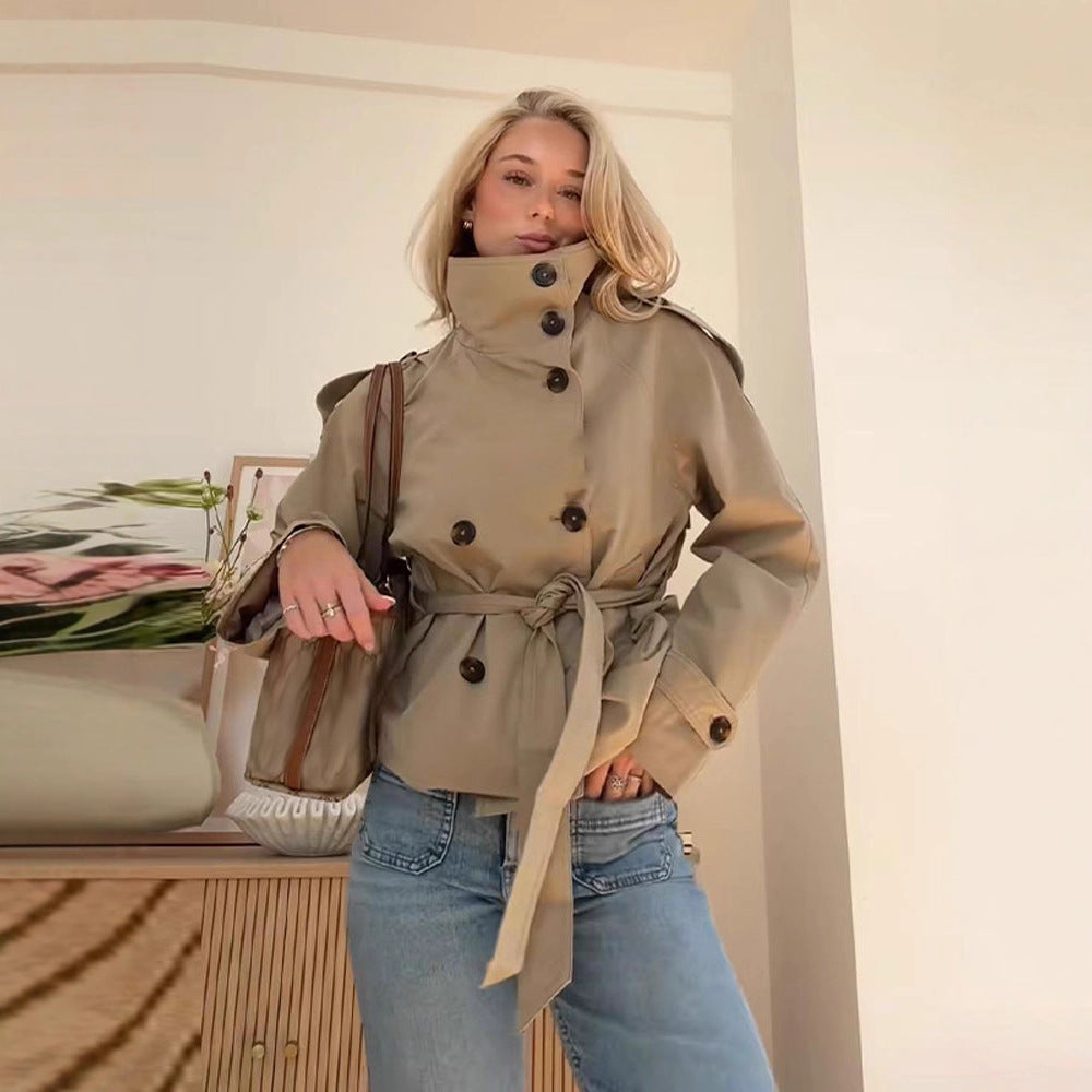 Women's short belted double-breasted trench jacket