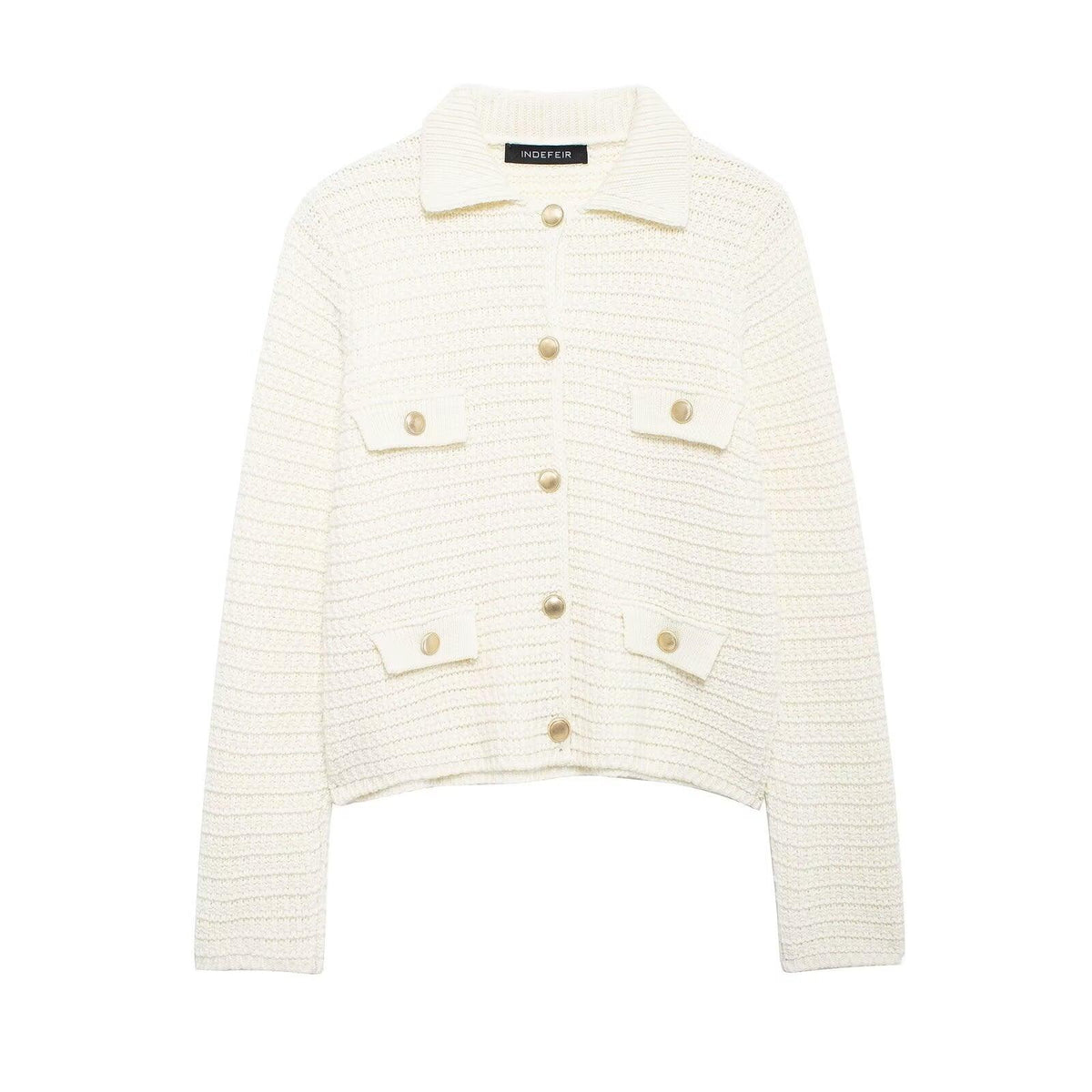 Milky white knitted cardigan with notch lapels and gold button front, patch pockets