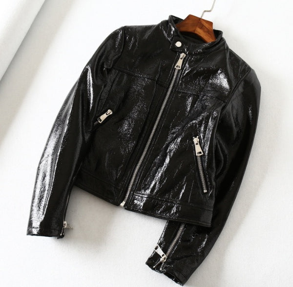 Black Bright Leather PU Short Motorcycle Leather Jacket - WOMONA.COM