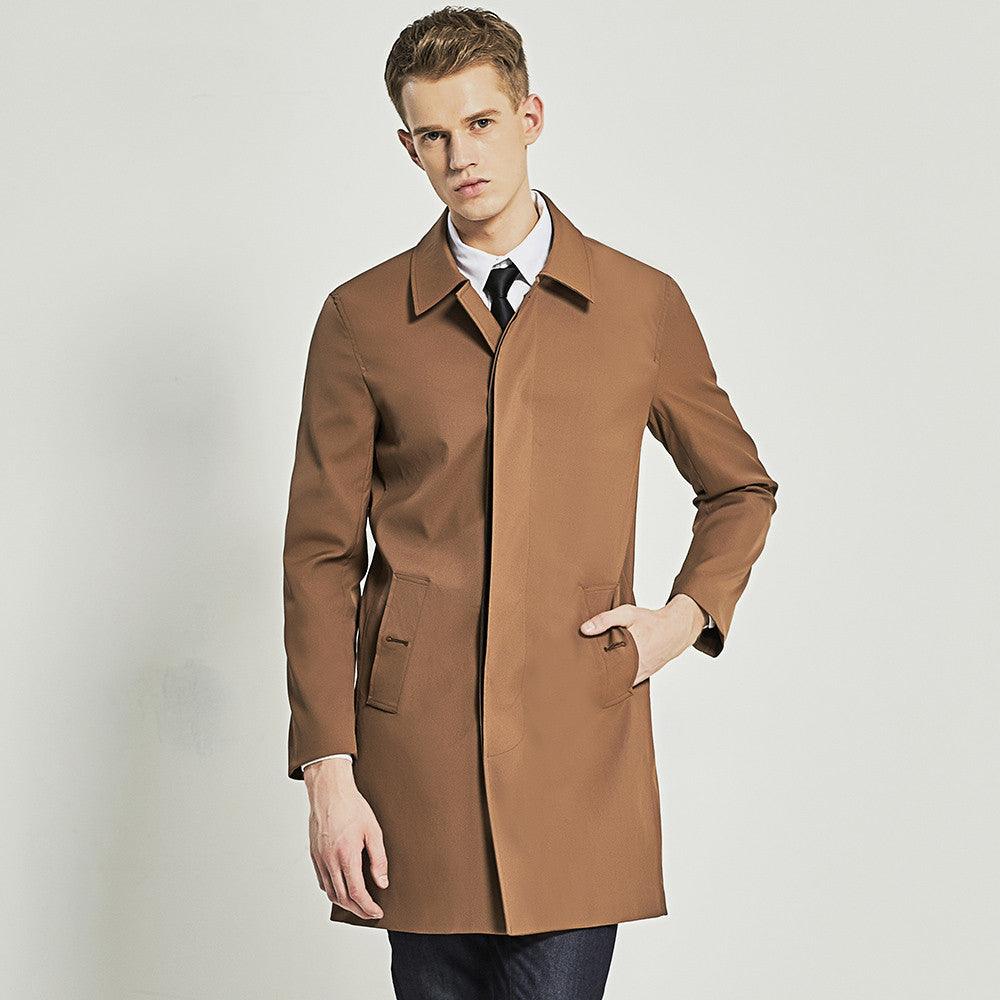 Men Trench Coat Navy Blue Single Breasted - WOMONA.COM