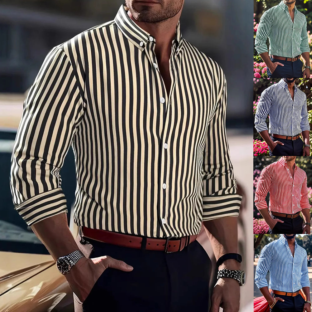 Men's striped print long sleeve lapel button shirt