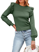 Ruffled Shoulder Long Sleeve Round Neck Slim Rib Knitted Sweater - WOMONA.COM